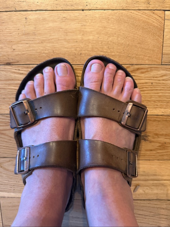 Birkenstock Shoes - Birkenstock Brown Double-Buckle Slide Sandals